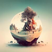 Fantasy landscape with tree in the shape of a planet. 3d rendering, Image photo