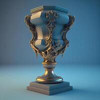 3d hacer de un dorado trofeo taza en azul fondo, ganador concepto, ai generativo imagen foto