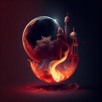 Image of burning planet with mosque and church on the background. illustration., Image photo