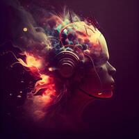 Digital Illustration of a Female Head with Headphones in a Cloud of Fire, Image photo