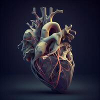 humano corazón anatomía en un oscuro antecedentes. 3d representación, 3d ilustración., ai generativo imagen foto