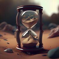 Hourglass with sand in the desert. 3d render illustration., Image photo