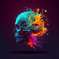 Skull with colorful paint splashes on dark background. illustration., Image photo