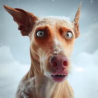 Funny doberman dog with snowflakes on the nose., Image photo