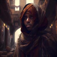 Mysterious woman in the old city. 3d rendering., Image photo