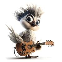 3D rendering of a cute cartoon owl with a guitar isolated on white background, Image photo