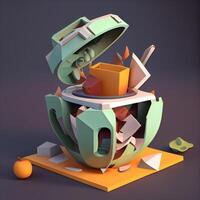3d illustration of an abstract robot with a lot of books., Image photo