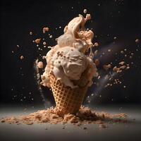 Ice cream in waffle cone with splashes of chocolate and caramel on grey background, Image photo