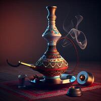 Arabic hookah on a wooden table. 3d illustration., Image photo
