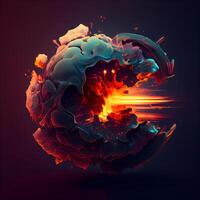3D illustration of an abstract sphere with a fiery explosion on a dark background, Image photo