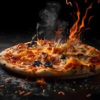Pizza en un negro antecedentes con llamas y fumar. de cerca., ai generativo imagen foto