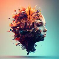 3D rendering of a female head with abstract colorful paint splashes, Image photo