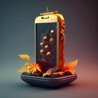 Modern mobile phone with gift box and autumn leaves. 3D rendering, Image photo