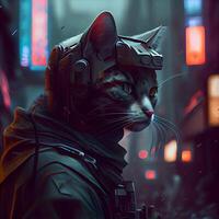 A portrait of a cat with a virtual reality headset in the city., Image photo