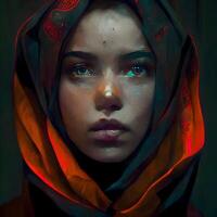 retrato de un hermosa musulmán mujer con oriental maquillaje y velo, ai generativo imagen foto