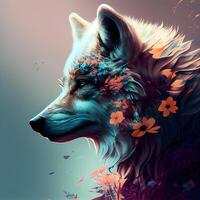 Digital painting of a wolf with flowers in the form of a flower., Image photo