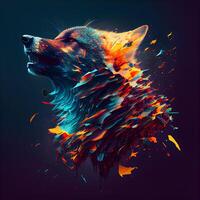 Wolf face with colorful paint splashes on dark background. illustration., Image photo