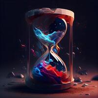 Hourglass with colorful splashes on dark background. 3D rendering, Image photo