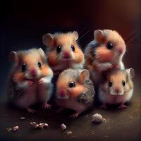 Hamster family on a dark background, close up, 3d render, Image photo