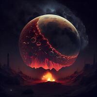 Fantasy landscape with planet and fire. 3D illustration. Elements of this image furnished by NASA, Image photo