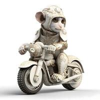 3d representación de un linda dibujos animados ratón montando un motocicleta aislado en blanco fondo, ai generativo imagen foto