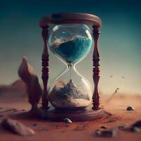 Hourglass with sand on the background of the desert. Time concept, Image photo