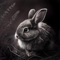 Black and white image of a little rabbit in the grass. Digital painting., Image photo