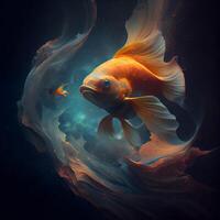 Goldfish swimming in the ocean. 3D illustration. Sacred geometry., Image photo