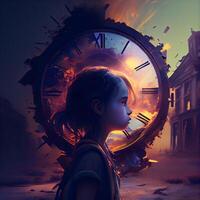 Girl with old clock in the city. 3D illustration. Fantasy., Image photo