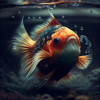 Close-up of a goldfish swimming in aquarium with bubbles., Image photo