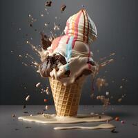 ice cream splashing out of a waffle cone on a black background, Image photo