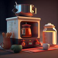 3d rendering of a coffee machine with some utensils in the background, Image photo