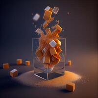 que cae cubitos en un vaso. 3d representación, 3d ilustración., ai generativo imagen foto