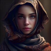 Portrait of a beautiful girl with a shawl on her head, Image photo