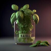 Basil in a pot on a dark background. 3d illustration, Ai Generative Image photo