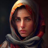 Portrait of a beautiful girl in a shawl and headscarf., Image photo