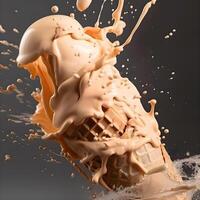 ice cream in waffle cone with splashes and chocolate on grey background, Image photo