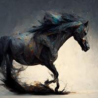 Black horse with paint splashes on a gray background. Digital painting, Image photo