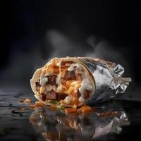 tortilla wrap with meat, cheese and sauce on black background, Image photo