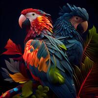 Colorful parrots and tropical leaves on black background. illustration., Image photo