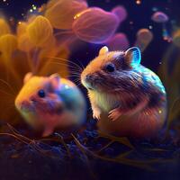 Hamster and mouse in a nest of flowers. 3d rendering, Image photo