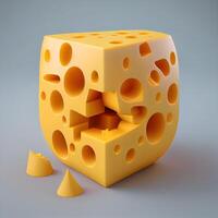 Cheese cube with holes on a gray background. 3d illustration, Image photo