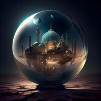 cristal pelota con mezquita y Luna a noche. Ramadán kareem fondo, ai generativo imagen foto