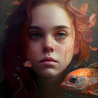 Beautiful young woman with a goldfish. Portrait of a girl with red hair., Image photo