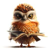 Cute owl with book isolated on white background. 3D illustration., Image photo