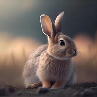Cute rabbit on a meadow at sunset. Easter concept., Image photo