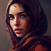 portrait of a beautiful girl in a headscarf with blood, Image photo