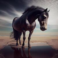 Horse on the beach at sunset. Conceptual art. 3D rendering, Image photo