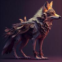 3d rendering of a fox with feathers on a dark background., Image photo