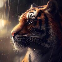 Portrait of a tiger in a dark forest. Beautiful animal., Ai Generative Image photo